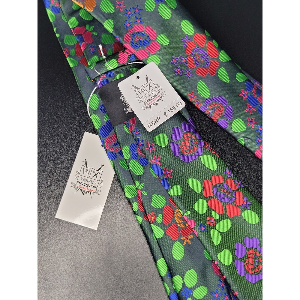 Verse 9 Necktie Green Multicolor Floral Leaf Haute Couture NWT